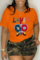 Tangerine Red Casual Street Print Patchwork O Neck T-Shirts