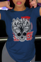 Navy Blue Casual Daily Print Patchwork O Neck T-Shirts