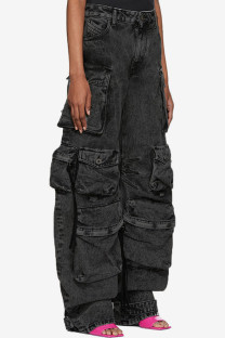 Grey Casual Solid Patchwork High Waist Regular Denim Jeans