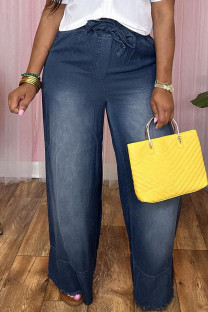 Deep Blue Casual Solid Bandage Patchwork High Waist Straight Denim Jeans