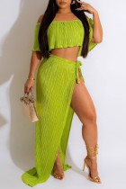 Green Sexy Casual Solid Bandage Off the Shoulder Short Sleeve Two Pieces