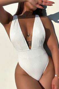 White Sexy Solid Backless Swimwears (With Paddings)