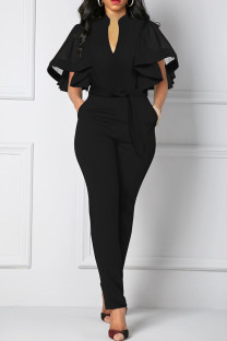 Black Casual Solid Patchwork V Neck Regular Jumpsuits