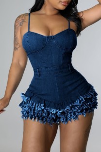 Deep Blue Sexy Casual Solid Patchwork Backless Zipper Spaghetti Strap Sleeveless Skinny Denim Romper