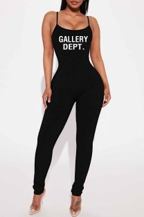 Black Street Print Letter Spaghetti Strap Jumpsuits