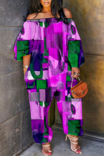 Purple Casual Print Basic Off the Shoulder Regular Jumpsuits