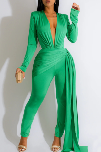 Green Sexy Casual Solid Patchwork V Neck Regular Jumpsuits