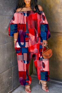 Red Casual Print Basic Off the Shoulder Regular Jumpsuits