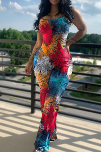 Red Blue Casual Print Patchwork Spaghetti Strap Straight Jumpsuits