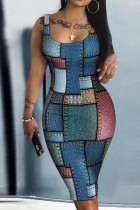 Blue Casual Street Print Patchwork U Neck Pencil Skirt Dresses