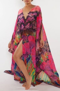 Rose Red Casual Print Cardigan V Neck Outerwear