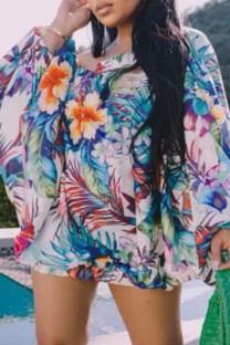 Multicolor Casual Print Backless Off the Shoulder Long Sleeve Dresses