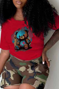 Red Street Daily Print Patchwork O Neck T-Shirts