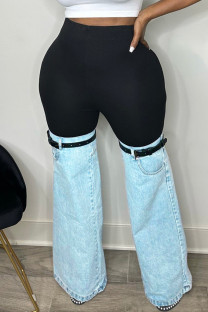 Blue Black Casual Patchwork Contrast High Waist Regular Denim Jeans