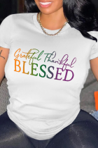 White Casual Street Print Patchwork Letter O Neck T-Shirts