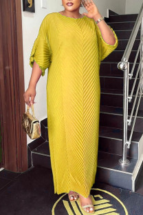 Yellow Casual Solid Patchwork Fold O Neck Straight Dresses