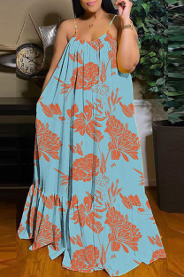 Light Blue Sexy Casual Print Backless Spaghetti Strap Long Dress Dresses