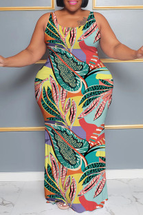 Colour Casual Print Patchwork U Neck Plus Size Dresses