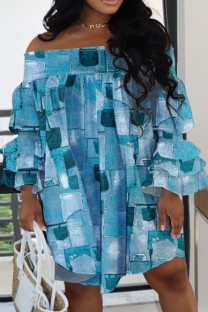 Blue Casual Print Patchwork Off the Shoulder Long Sleeve Plus Size Dresses