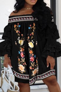 Black Casual Print Patchwork Off the Shoulder Long Sleeve Plus Size Dresses