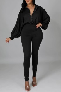 Black Casual Solid Patchwork Zipper Collar Regular Jumpsuits