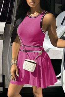Rose Red Casual Solid Patchwork O Neck Vest Dress Dresses
