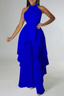 Blue Casual Street Elegant Solid Backless Flounce Fold Halter Sleeveless Two Pieces