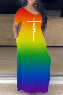 Colour Casual Gradual Change Print Basic V Neck Short Sleeve Dress