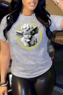 Grey Casual Vintage Print Patchwork Letter O Neck T-Shirts