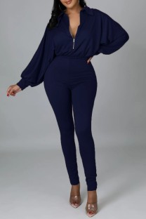 Blue Casual Solid Patchwork Zipper Collar Regular Jumpsuits