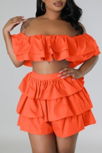 Orange Sexy Casual Solid Patchwork Backless Off the Shoulder Short Sleeve Two Pieces