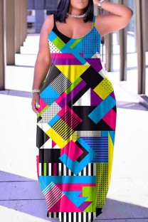 Blue Sexy Casual Print Backless Spaghetti Strap Long Dress Dresses