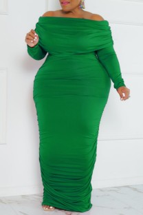 Green Casual Solid Fold Off the Shoulder Long Sleeve Plus Size Dresses