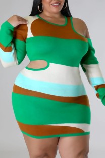 Green Casual Patchwork Hollowed Out V Neck Long Sleeve Plus Size Dresses