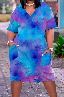 Blue Casual Print Tie Dye Patchwork V Neck Short Sleeve Dress Plus Size Dresses