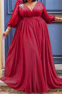 Burgundy Sexy Casual Elegant Formal Solid Slit Fold Princess Plus Size Dresses