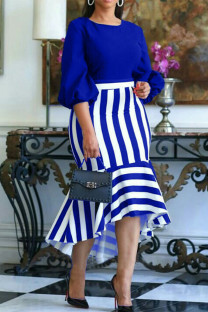 Blue Casual Work Elegant Striped Patchwork Flounce O Neck Irregular Dress Dresses