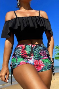 Black Sexy Print Patchwork Backless Swimwears