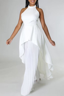 White Casual Street Elegant Solid Backless Flounce Fold Halter Sleeveless Two Pieces