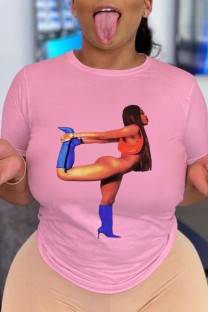 Pink Casual Print Basic O Neck T-Shirts