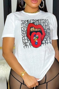 White Casual Daily Lips Printed Patchwork O Neck T-Shirts