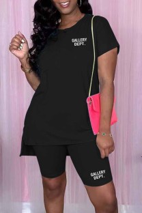 Black Casual Print Letter O Neck Short Sleeve Two Pieces