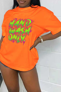 Orange Casual Daily Print Patchwork Letter O Neck T-Shirts