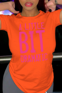 Orange Casual Vintage Print Patchwork Letter O Neck T-Shirts