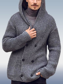 Grey Men's Long Sleeve Double Breasted Knit Hooded Sweater