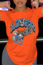 Orange Casual Daily Print Patchwork Letter O Neck T-Shirts