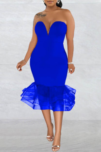 Blue Sexy Formal Solid Backless Strapless Evening Dress Dresses