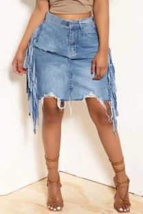 Baby Blue Casual Solid Tassel Patchwork High Waist Regular Denim Skirts