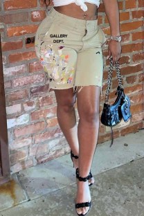 Khaki Street Print Letter High Waist Straight Bottoms