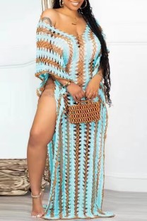 Light Green Casual Patchwork Hollowed Out See-through Slit Swimwears Cover Up